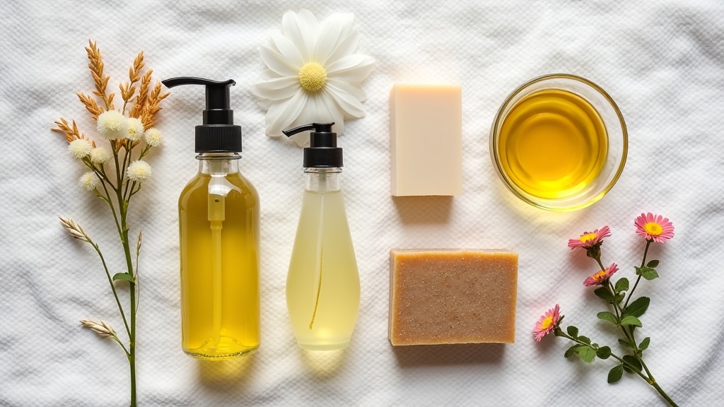 Organic hair care ingredients like oils, flowers, and herbs arranged on a clean towel with handcrafted soap bars and glass bottles